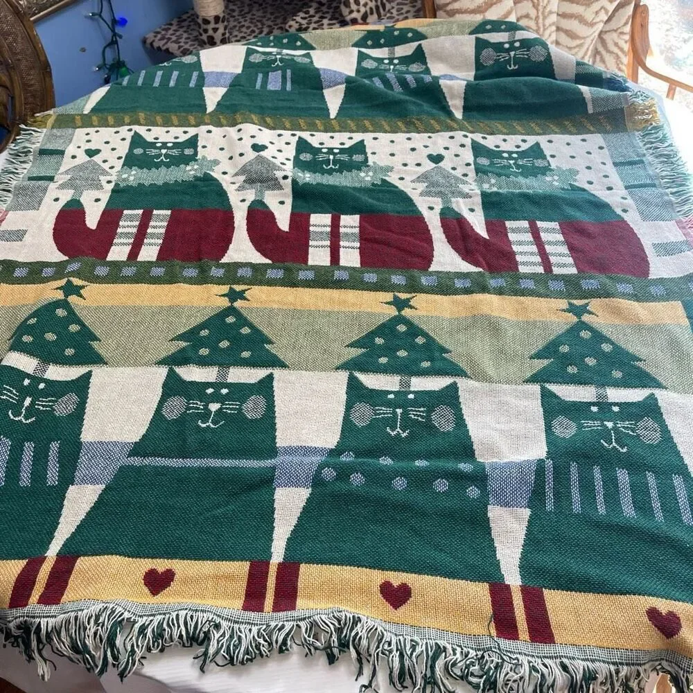 Crown Crafts Cat Kitty Christmas Cotton Throw Blanket VTG Rare
